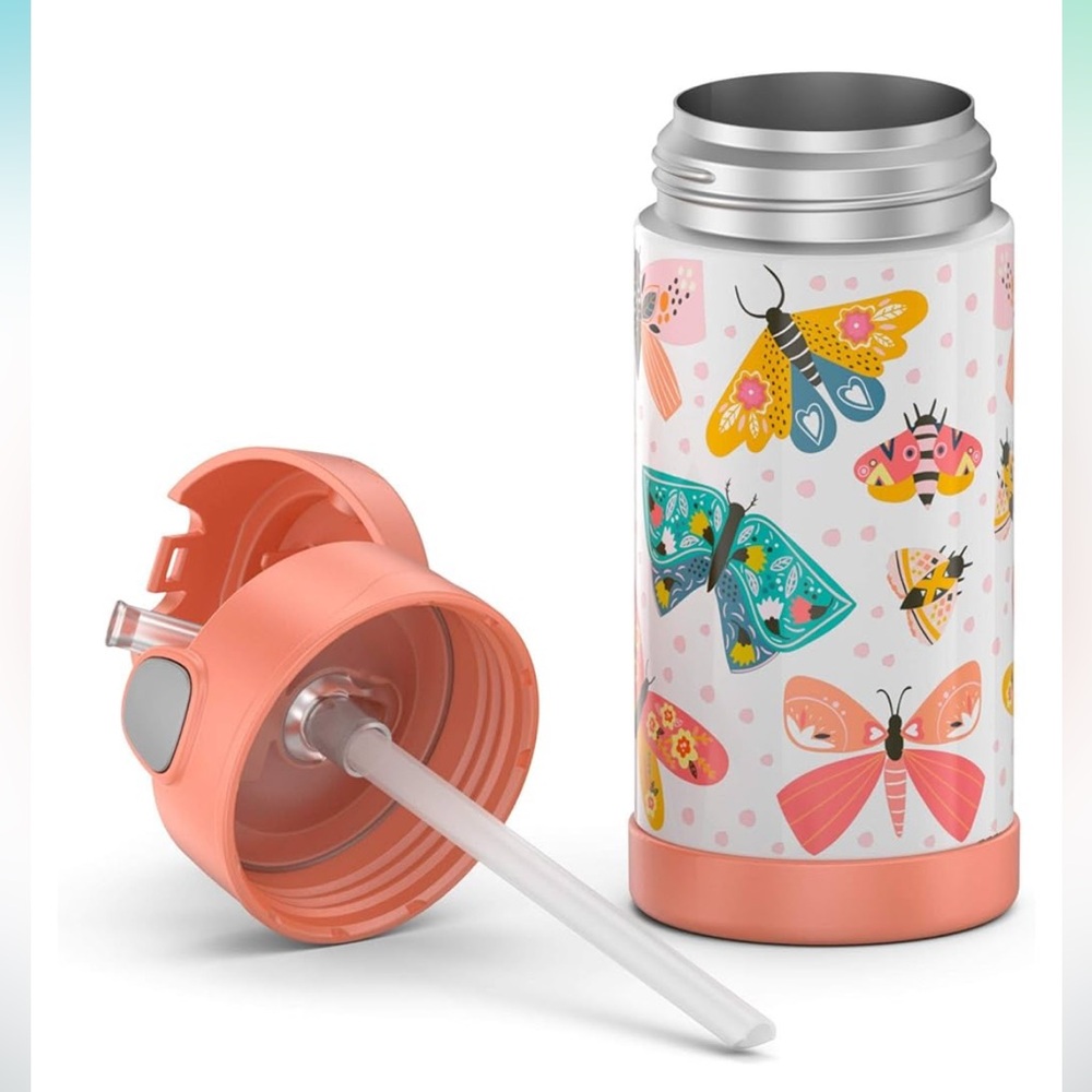 Thermos insulated Stainless Steel, straw Butterfly print water bottle 12 fl oz